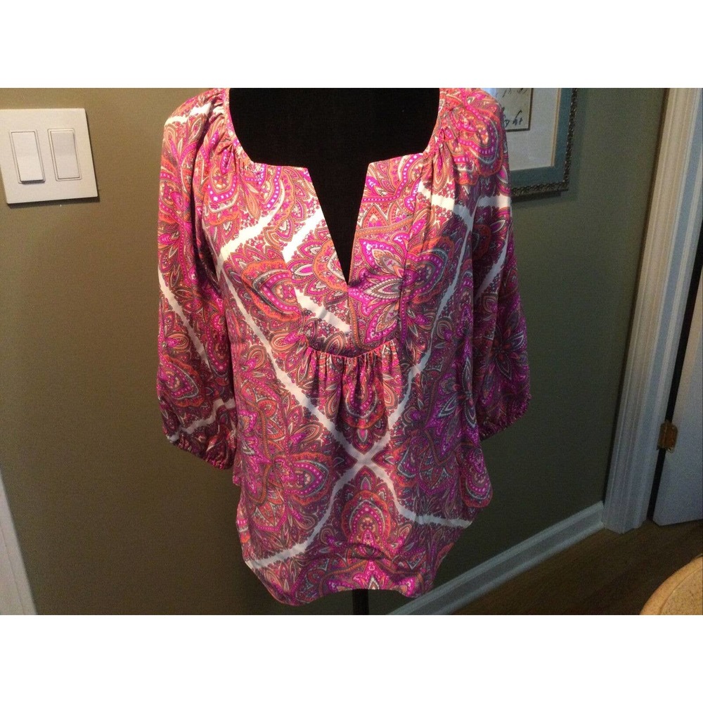 Alice & Trixie Paisley V-Neck Silk Blouse Top 3/4 Balloon Sleeve V neck XS New